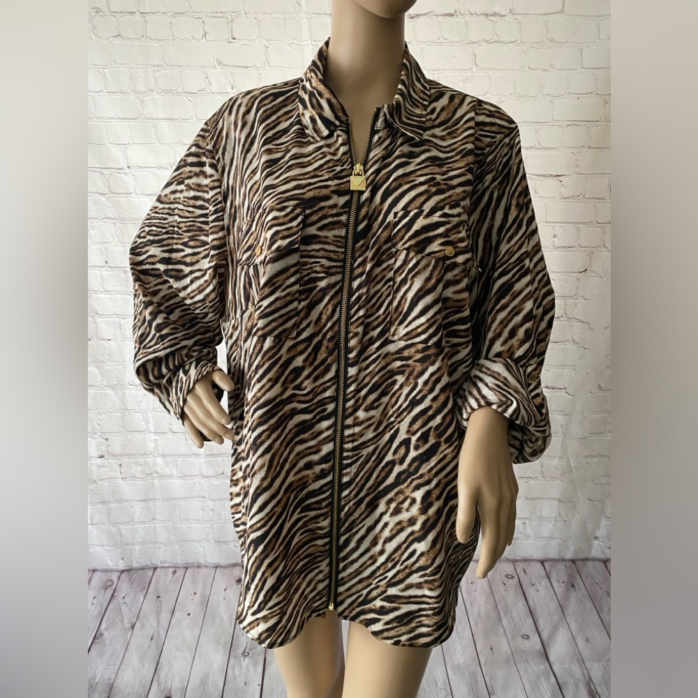 Michael Kors Animal Print Zip Front Adjustable Sleeve Top Blouse Shirt 2X